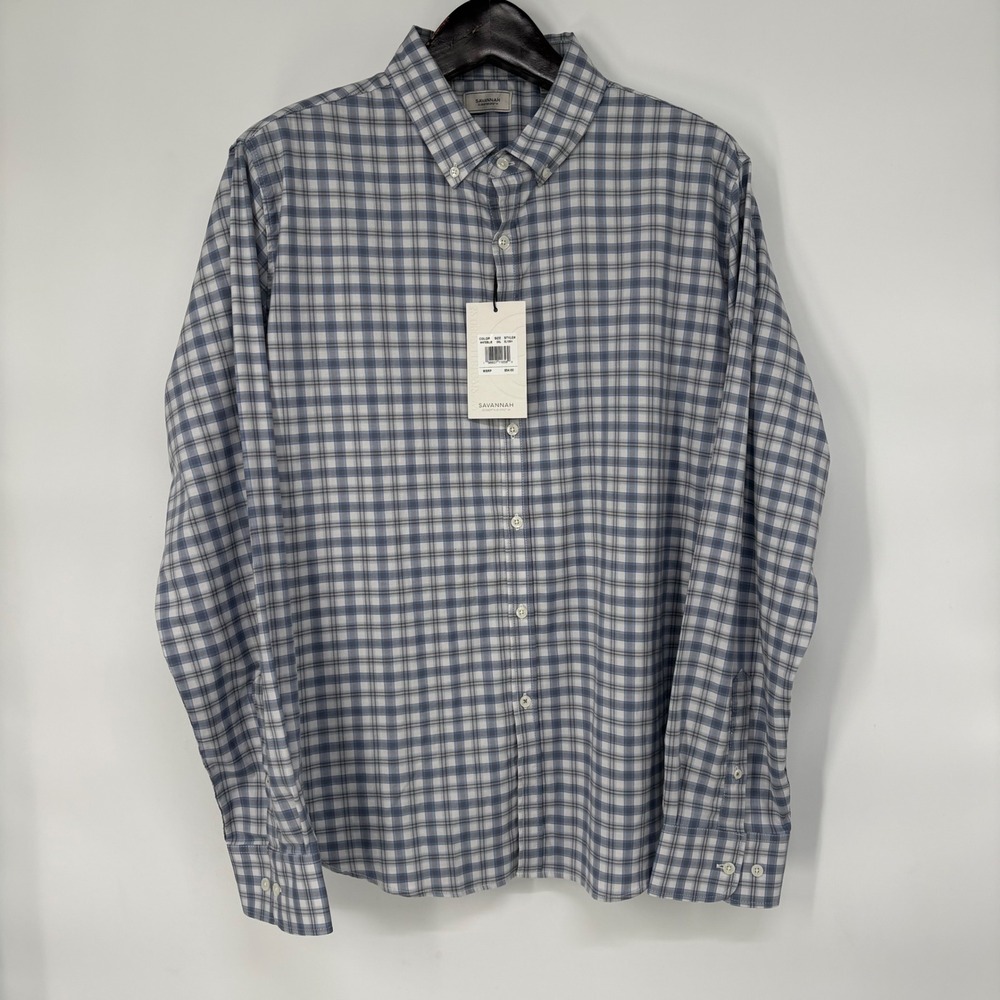 Savannah Mens XXL Blue Grey Plaid Tencel Blend Long Sleeve Button Down Shirt NEW